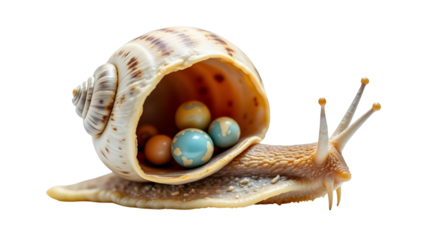 Tiny Planets Revealed Inside Shell of a Snail on White Background