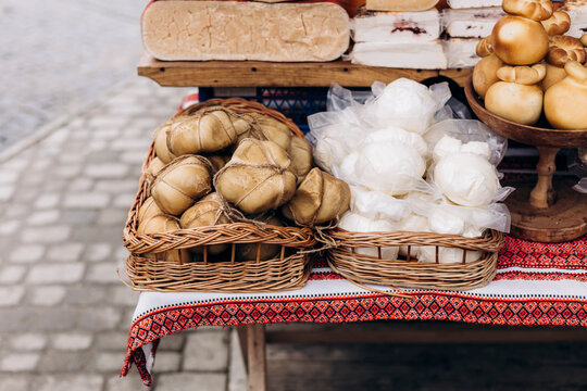Close-up of artisanal mountain cheese made from sheep milk.