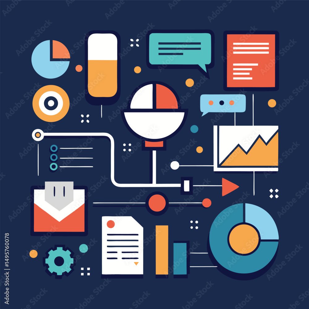 Poster abstract data analysis illustration featuring charts graphs and documents