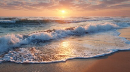 A stunning image of gentle Ocean Waves Crashing onto Shore at Golden Hour, Warm Reflections on Water, Seaside Landscape, Tranquil Beach Scene, Coastal Serenity, Scenic Ocean View.