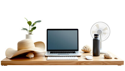 Fototapeta premium Modern Beachside Tech Workspace with Sunhat and Hydration Flask