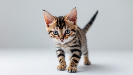 Obraz premium Bengal kitten, quietly sneaking up, in front of a white surface.