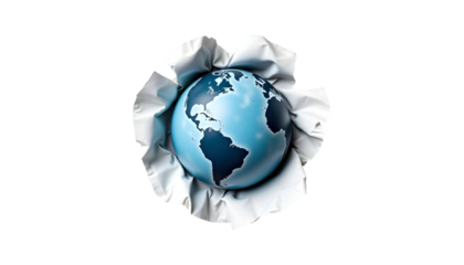 Ripped Paper Revealing Blue Earth Globe with White Ruffled Edges