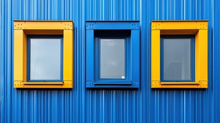 Three colorful framed windows on blue metal wall