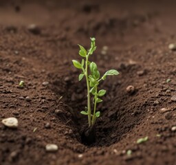 Close-up vibrant green pea sprout emerging from rich soil,  agriculture,  soil texture,  plant growth