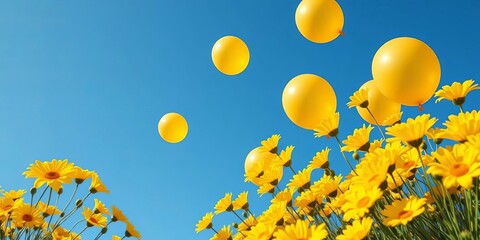 Bright yellow flowers & golden balloons float against a vibrant blue sky, bright yellow, freedom