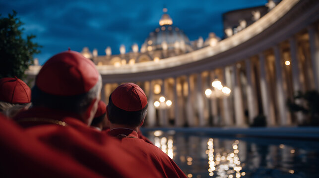 Cardinals watching white smoke from chimney in Vatican courtyard