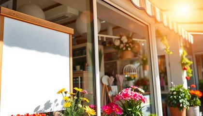 Bright sunny day, flower shop window, blank signboard,  sign mockup, marketing
