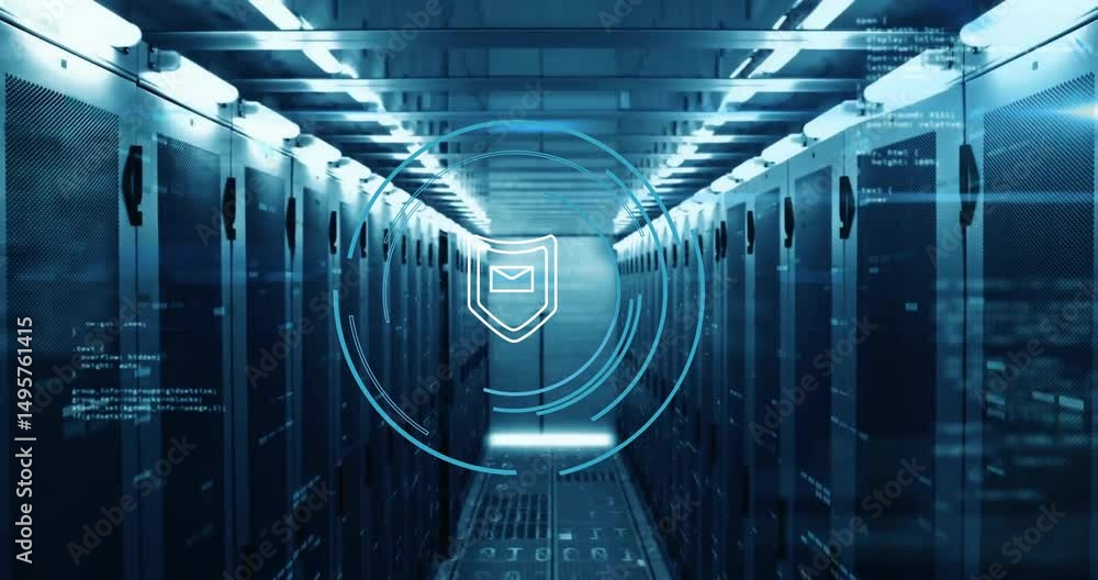 Poster code streams starting over racks, rotating rings orbiting shield icon, indicating security scan