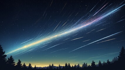 Meteor shower over forest and glowing night sky
