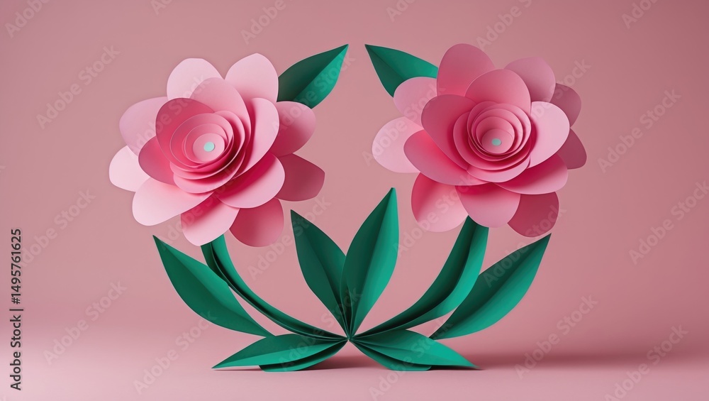 Poster elegant display of paper flowers shaped like the number 8 on a pink surface with text area available