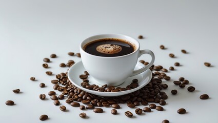 Fototapeta premium Intimate shot of freshly brewed black coffee (espresso or cappuccino) with milk foam in a white ceramic cup and saucer, along with roasted coffee beans, isolated on a white backdrop with clipping path