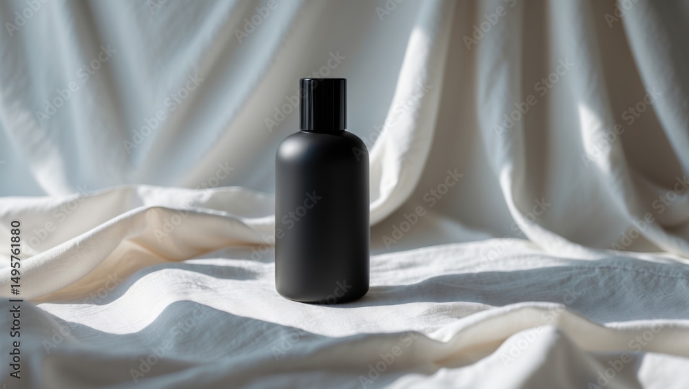 Poster black perfume container against a white cloth setting featuring a soft and shiny texture