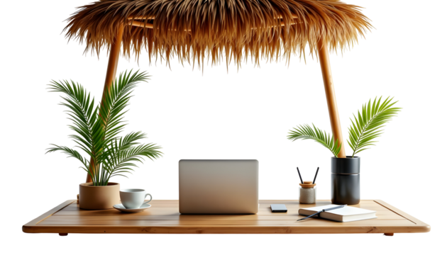 Remote Worker Using Slim Laptop Inside Bamboo Hut with Coffee Cup