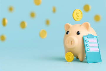 Concepto financiero de un cerdito alcancía con una lista de negocios, monedas para ahorrar, y fondo celeste