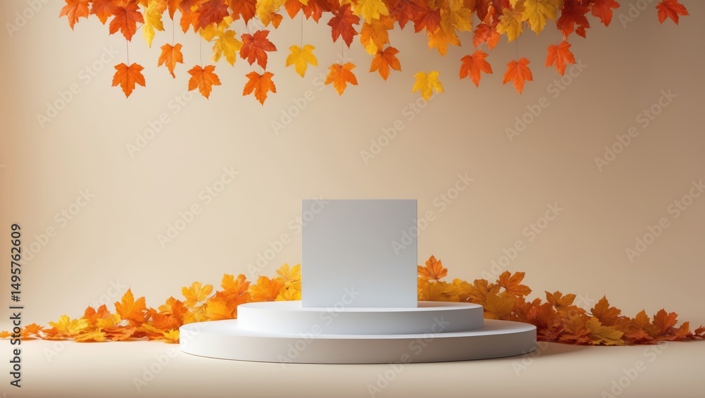Poster stylish product presentation with a backdrop of autumn leaves and a podium. minimalist scene exhibit