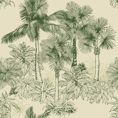 Seamless pattern with palm trees and tropical plants. Toile de Jouy style. Hand drawn vector illustration.