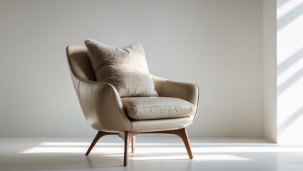 Light beige leather chair featuring a pillow on a white surface. Chair with contemporary wooden legs.