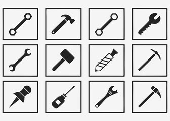 Minimalist black and white hand tool icon set for repair