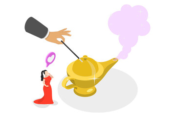 3D Isometric Flat  Illustration of Magic Lamp, Dreaming and Goal Visualization