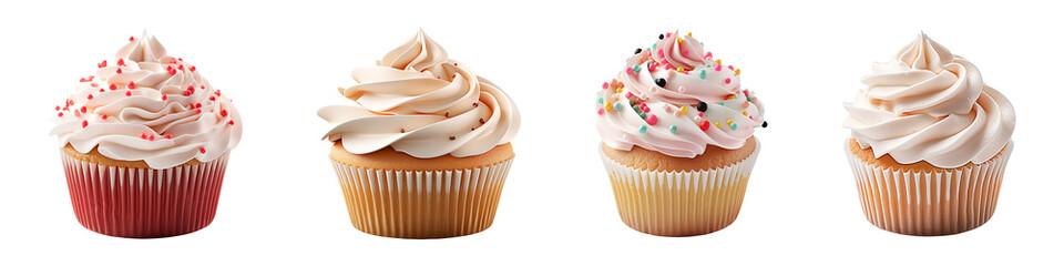 Collection set of cupcakes with icing isolated on transparent background