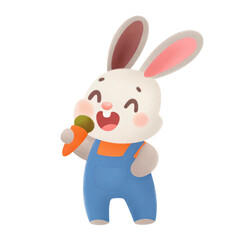 Obraz premium A cute cartoon bunny wearing blue overalls, smiling and holding a carrot.