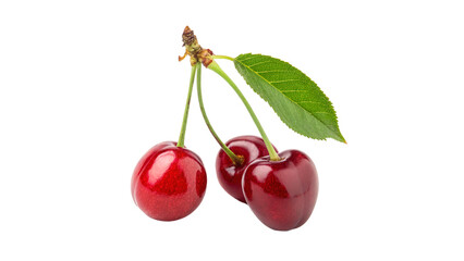 Three Fresh Red Cherries with Green Leaf isolated on transparent background