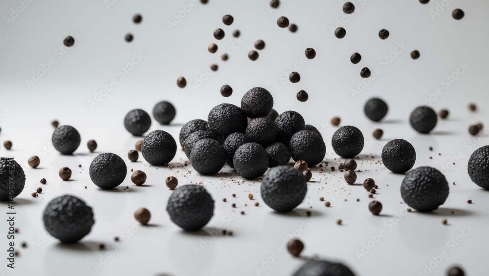 Poster isolated black pepper falling, with background clipping path and complete depth of field