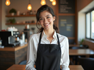 Smiling Restaurant Waitress in a Cozy Interior Setting