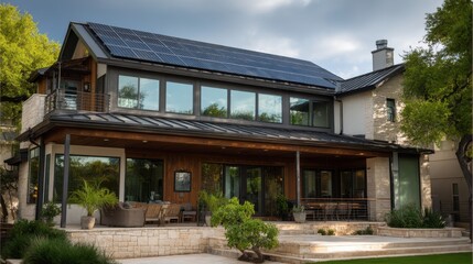 A stunning image of modern Solar Panels Installed On A Austin Texas Home, Solar Photography, Solar Powered Clean Energy, Sustainable Resources, Electricity Source, Austin Texas.