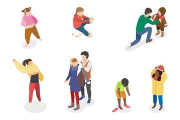 3D Isometric Flat  Set of Children Putting Clothes, Dressing Up