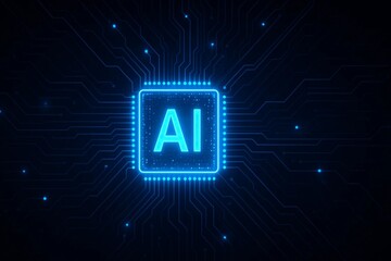 Abstract glowing AI processor on digital circuit board background in futuristic style. Light neon blue AI chip with bright light pixels. Data elements. Tech bg. Technology banner. Vector illustration.