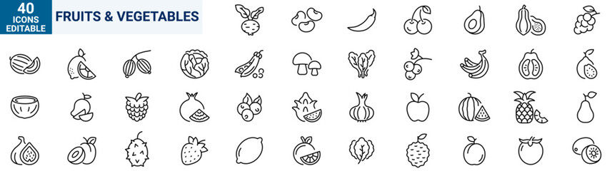 Fruits and Vegetables web line icons. Vegetables and berries. Editable stroke. Vector illustration