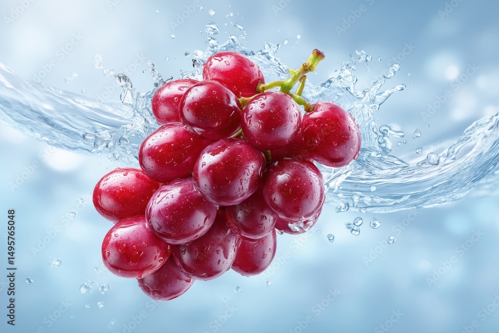 Aufkleber grape splashes into clear water creating dynamic droplets. soft blue background enhances freshness a