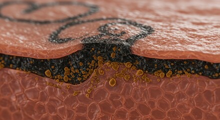 Tattoo Ink in Skin Layers Illustration, close-up view, microscopic view, skin cells, ink particles, tattoo process, human skin anatomy [Illustration]