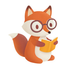 Fototapeta premium A cute cartoon fox wearing glasses is holding an open book.