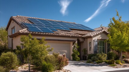A stunning image of modern Solar Panels Installed on a Las Vegas Nevada Home Under Clear Blue Sunny Sky, Solar Photography, Solar Powered Clean Energy, Sustainable Resources.