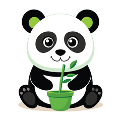 A cute baby panda with bright green eyes sits holding a stalk of bamboo in a green and white pot with white background © Anamul