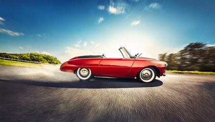 Naklejka premium vintage red convertible car speeding tire in the air dynamic action