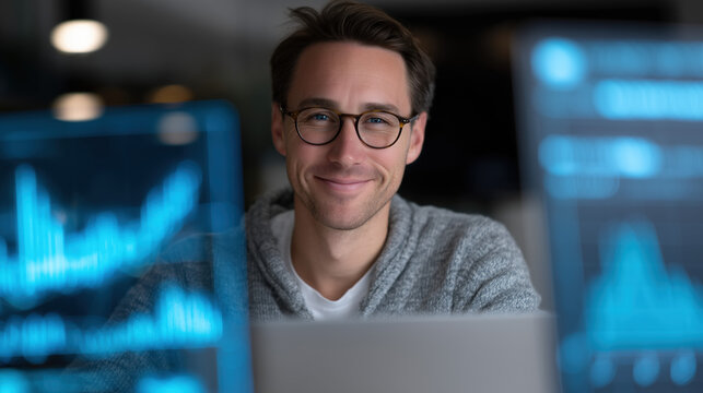 Modern digital portrait showing confident man working in augmented reality setup with visual data overlays