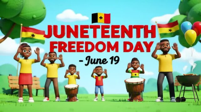 Juneteenth Freedom Day Celebration: Animated Family Drums, Celebrates, Barbecue, Flags of Ghana, Pan-African Unity, and Joyful Heritage on Sunny June 19th