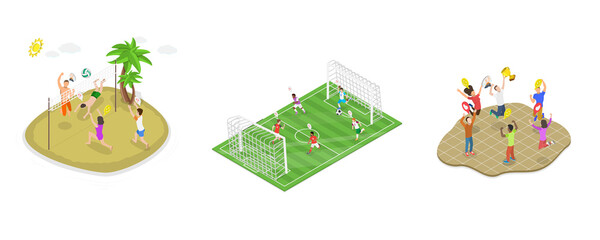 3D Isometric Flat  Illustration of Sport Team Mates, Student Sport Classes