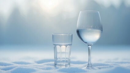 Obraz premium A winter setting showcasing a glass of water alongside a glass on a pale background.