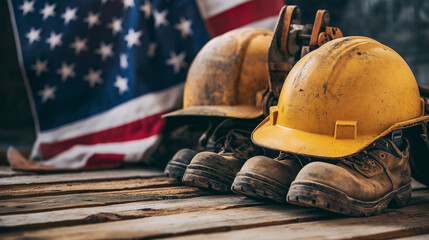 Labor day concepts. Symbols associated with Labor day and construction equipment and representations of manual labor. generated AI Illastration.