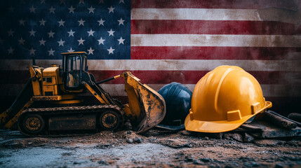 Labor day concepts. Symbols associated with Labor day and construction equipment and representations of manual labor. generated AI Illastration.