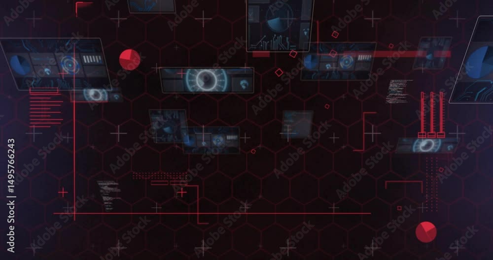 Poster scene loading hex grid fading symbols lines tracing modules appearing sphere forming gauge pulsing