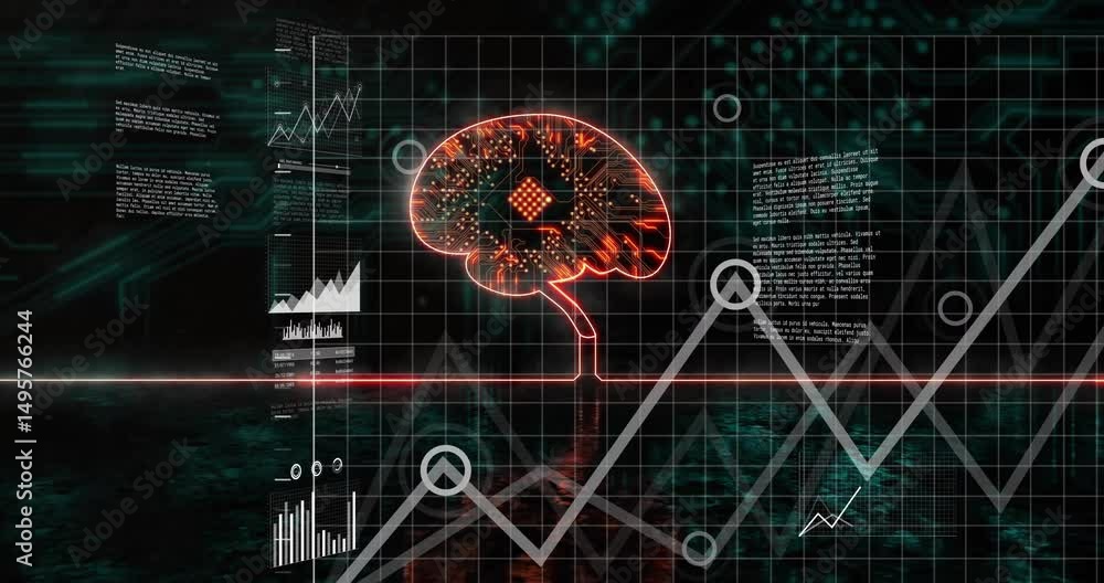 Poster on interface startup glowing brain icon connecting neon line, charts sliding visualizing data flow