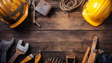 Labor day concepts. Symbols associated with Labor day and construction equipment and representations of manual labor. generated AI Illastration.