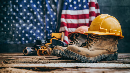 Labor day concepts. Symbols associated with Labor day and construction equipment and representations of manual labor. generated AI Illastration.