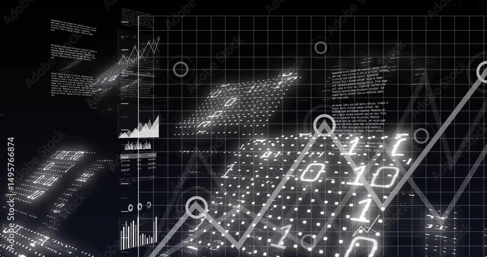 Poster at start glowing dots appearing as binary grids expanding line graphs rising to show data trends